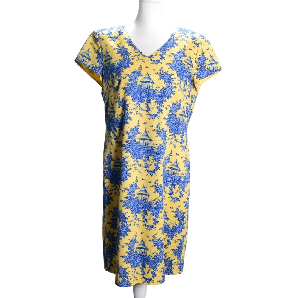 Vintage Talbots Shift Dress Yellow Blue Toile‎ Floral Pagoda V-Neck Cotton Lined